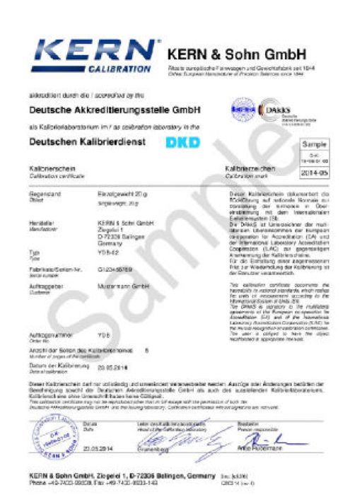 Kern DKD kalibratiecertificaat ijkgewicht 100g klasse F2